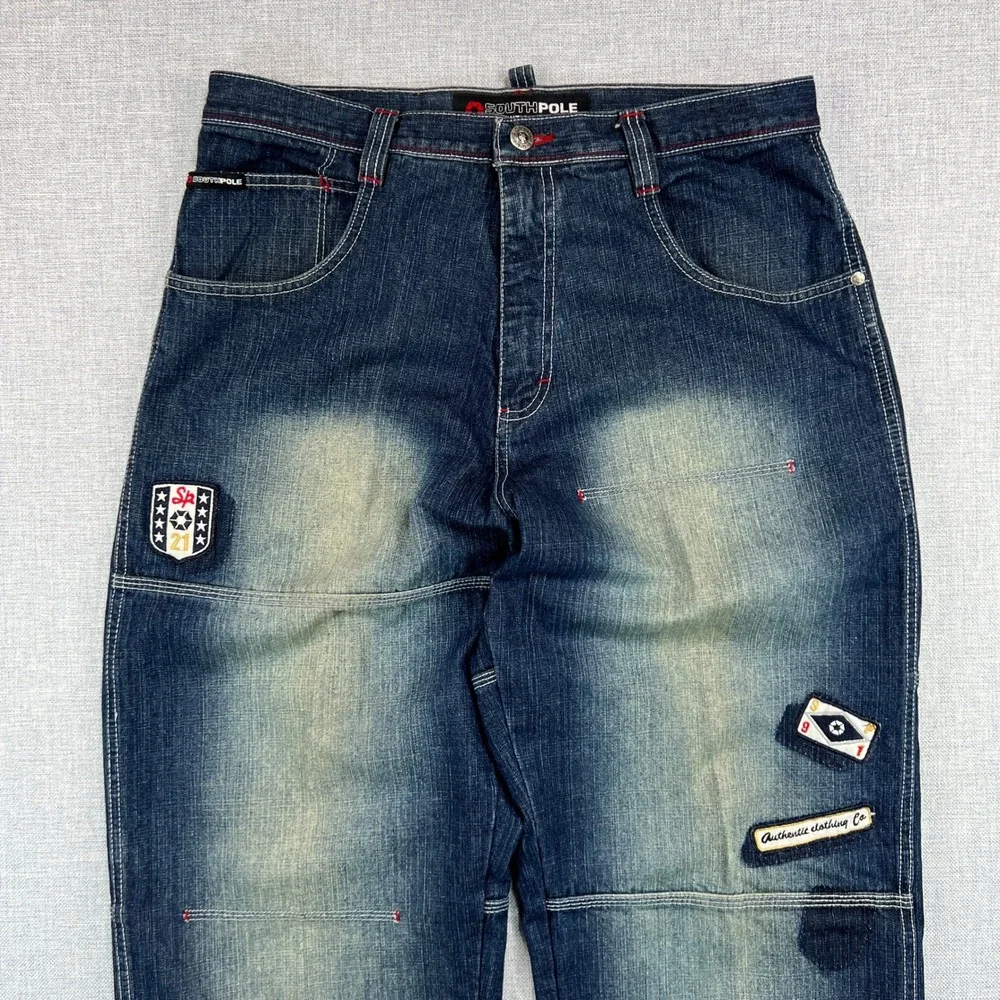 Vintage Y2K Southpole Baggy Jeans Mens 34 Blue Distressed Faded Patches Hip Hop